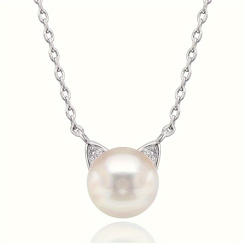 Cute Cat Pendant Necklace with Imitation Pearl and Zirconia